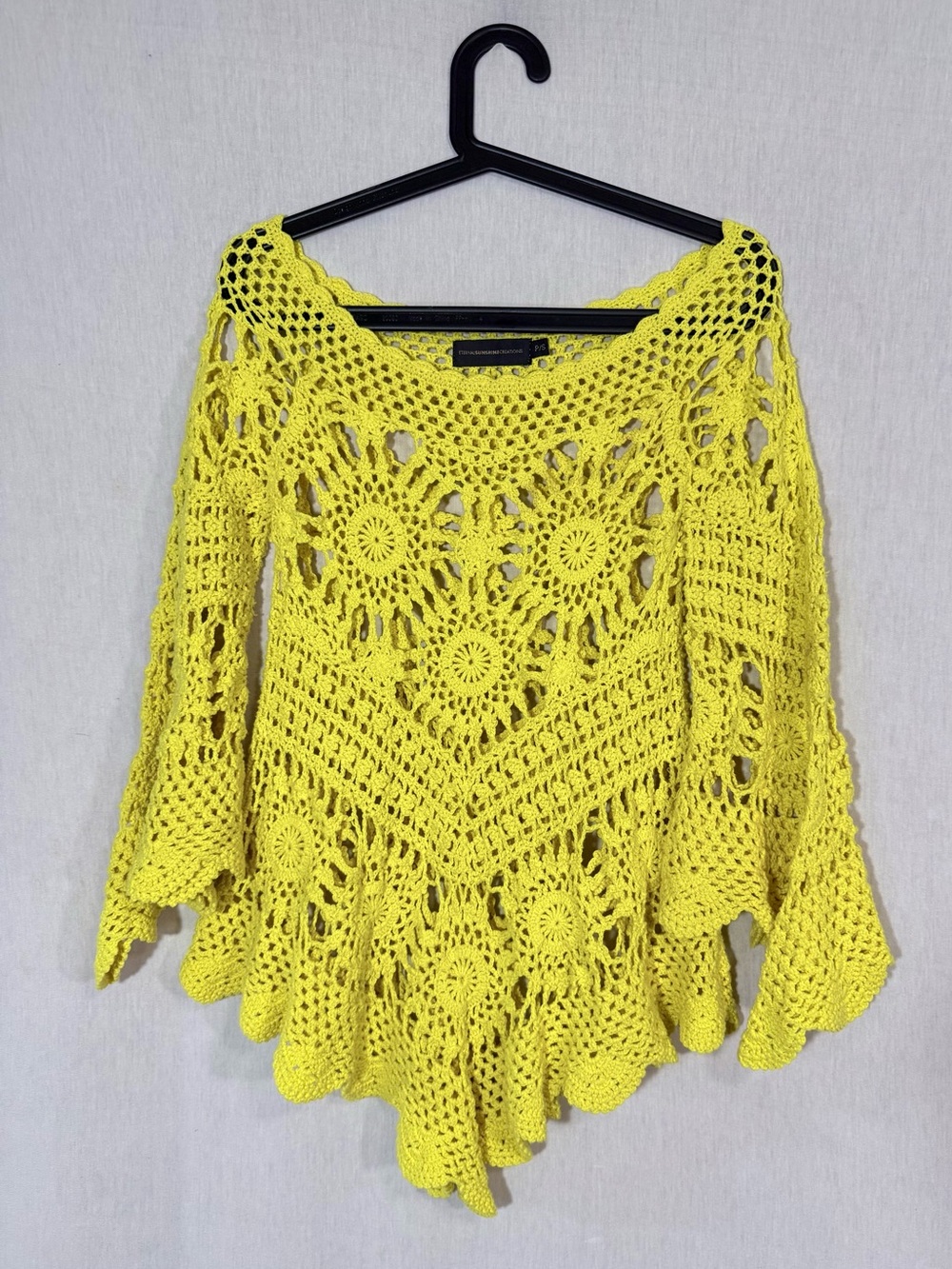 Eternal Sunshine Creations S Boho Bright Yellow Crochet lace Poncho